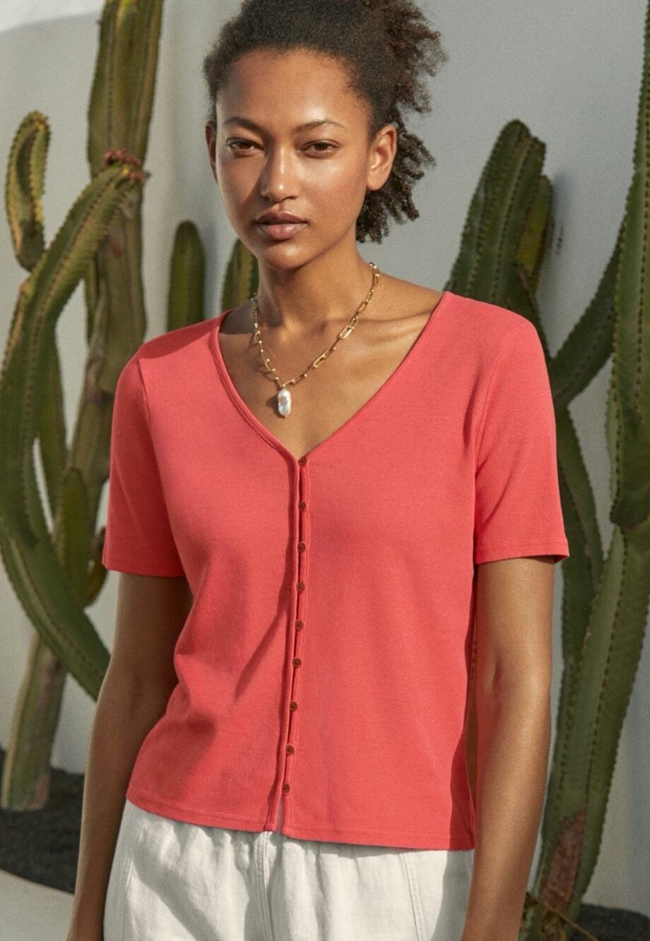 Poetry Button Front Top Hemp & Organic Cotton Bright Coral Short Sleeves US 4